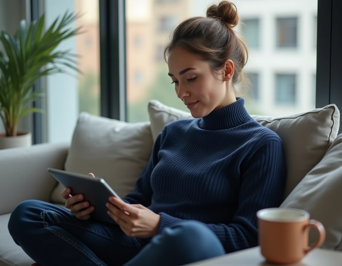 Femme lisant un résumé d'actualité sur une tablette dans un salon urbain cosy le matin