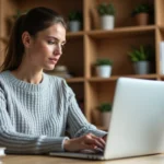 Femme parcourant un site immobilier en ligne sur son ordinateur portable dans un bureau à domicile