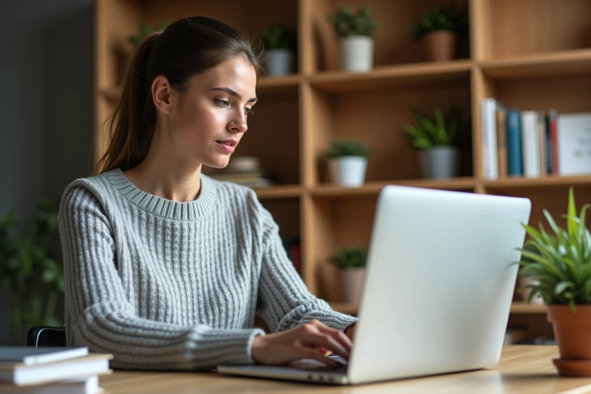 Femme parcourant un site immobilier en ligne sur son ordinateur portable dans un bureau à domicile