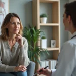 Femme discutant avec un rhumatologue dans un cabinet moderne