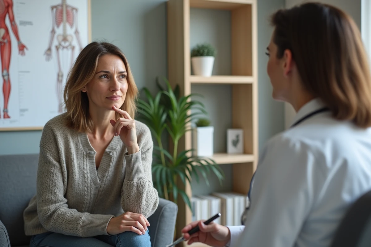 Femme discutant avec un rhumatologue dans un cabinet moderne