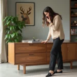 Femme élégante examine un meuble moderne dans un salon lumineux