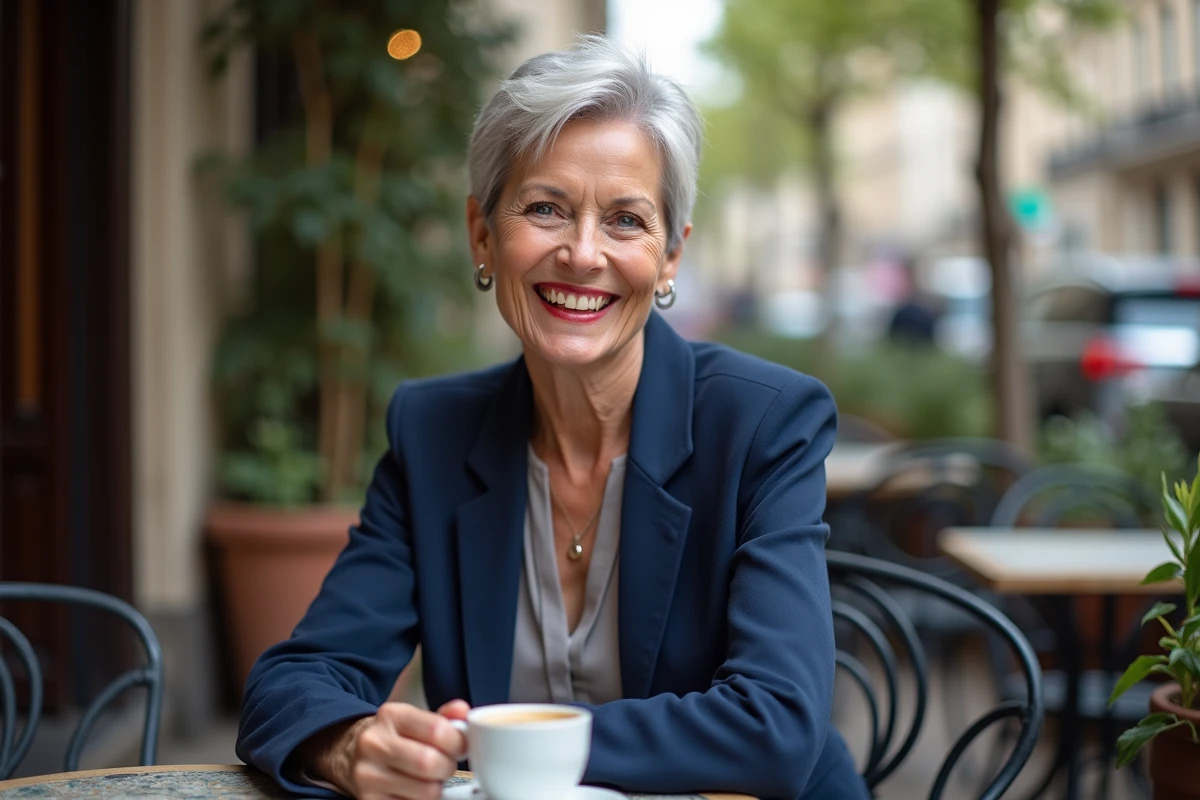Femme mature souriante discutant dans un café parisien