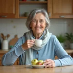 Femme senior souriante mangeant pommesauce et thé