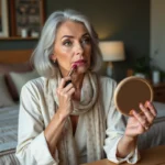 Femme élégante de 60 ans se maquillant dans son miroir