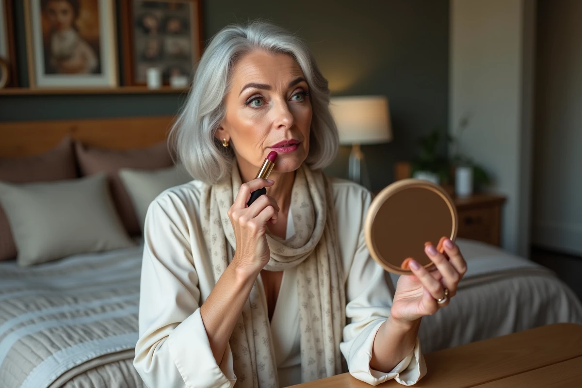 Femme élégante de 60 ans se maquillant dans son miroir