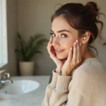Femme appliquant un serum sur le visage dans la salle de bain