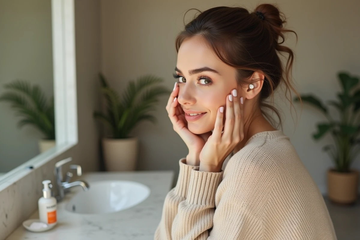 Femme appliquant un serum sur le visage dans la salle de bain