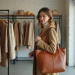 Femme élégante en manteau camel feuilletant un portant de vêtements dans une boutique de mode minimaliste