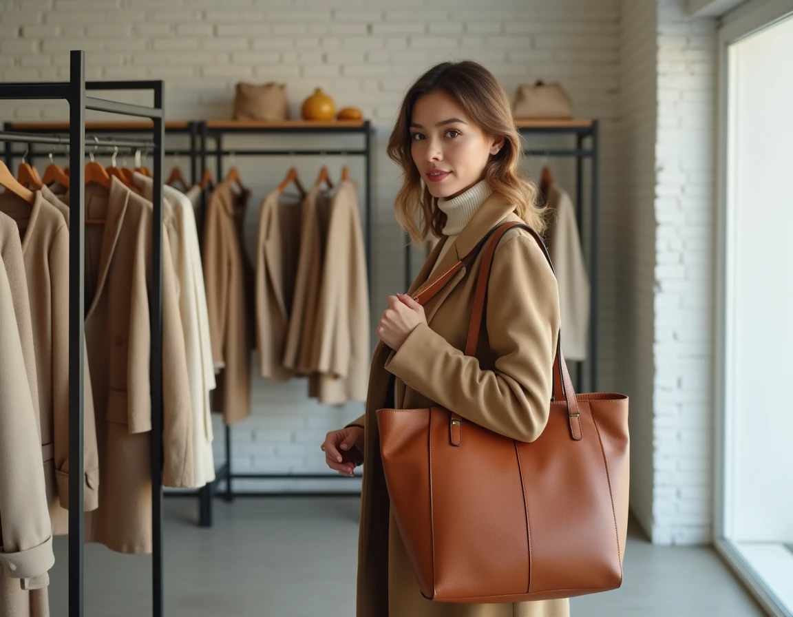 Femme élégante en manteau camel feuilletant un portant de vêtements dans une boutique de mode minimaliste