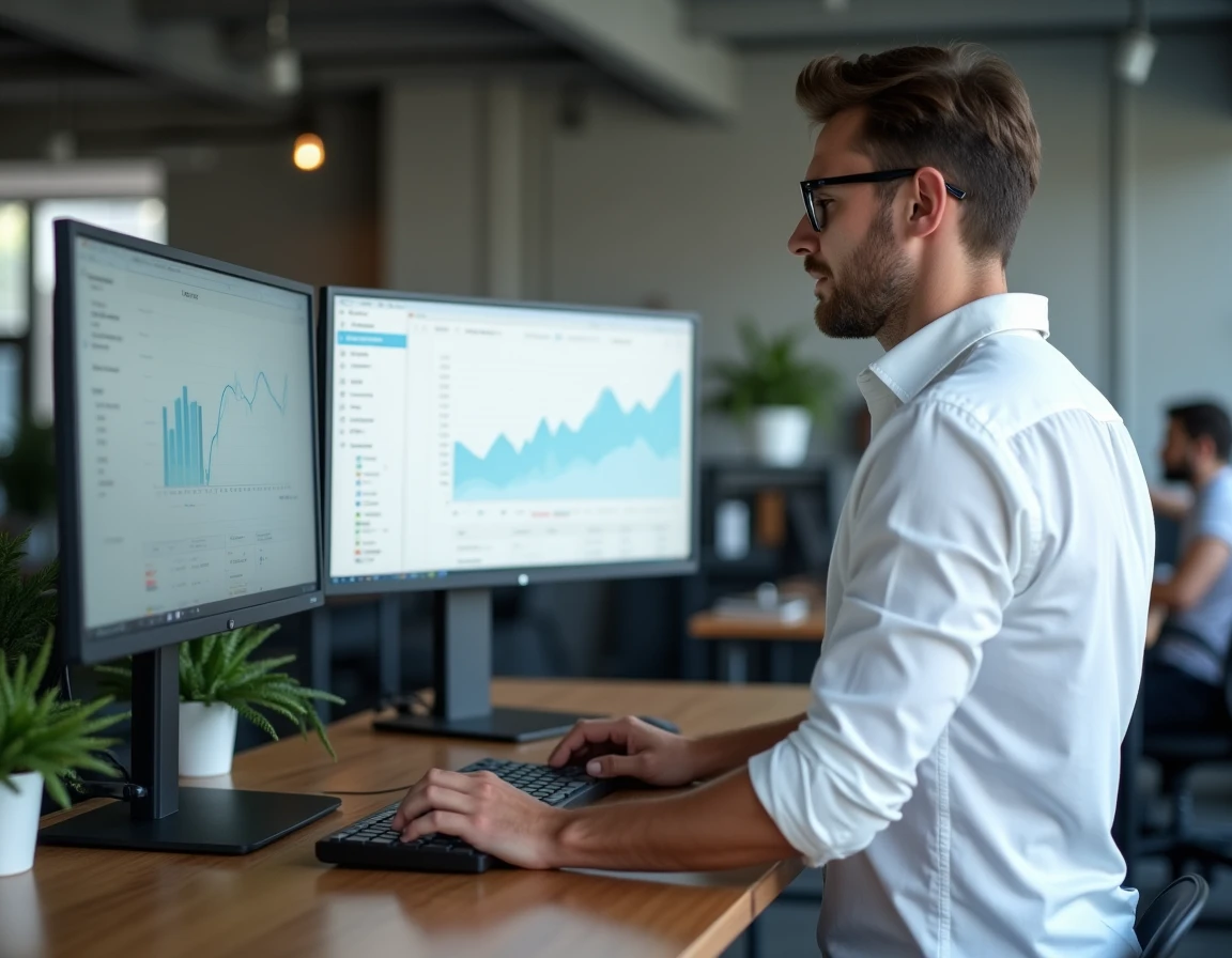 Professionnel gérant le tableau de bord d'un site web sur deux écrans dans un bureau moderne en open space