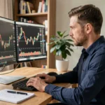 Homme concentré analysant des graphiques boursiers sur un écran d'ordinateur dans un bureau à domicile moderne