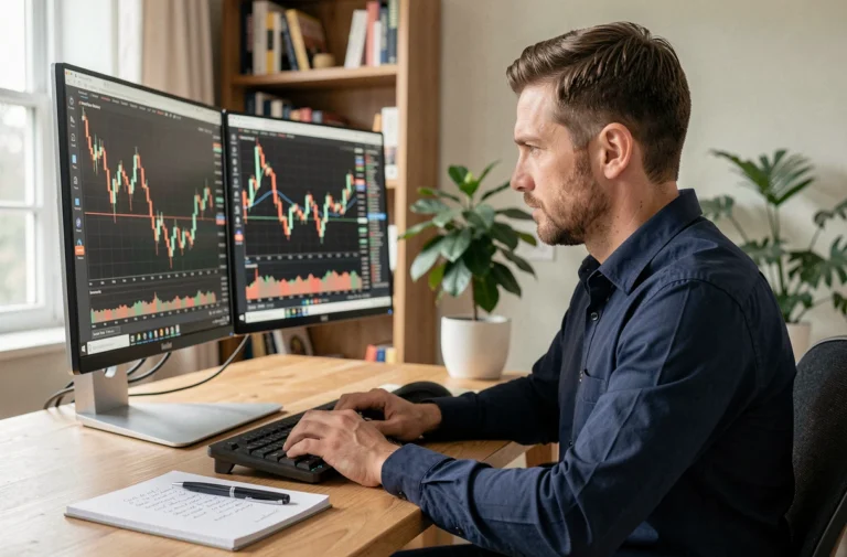 Homme concentré analysant des graphiques boursiers sur un écran d'ordinateur dans un bureau à domicile moderne