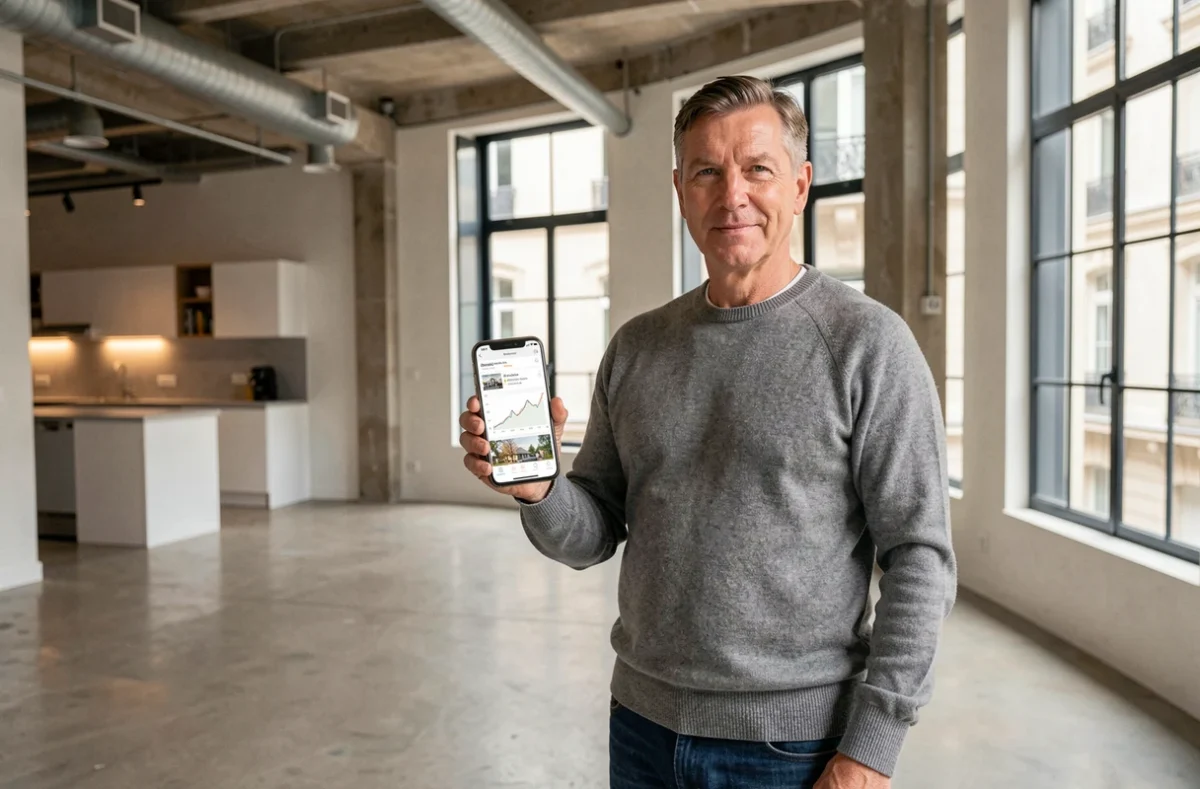 Homme consultant une application immobilière dans un appartement contemporain vide