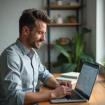 Homme consultant un résumé d'actualité sur son ordinateur portable dans un bureau moderne à domicile