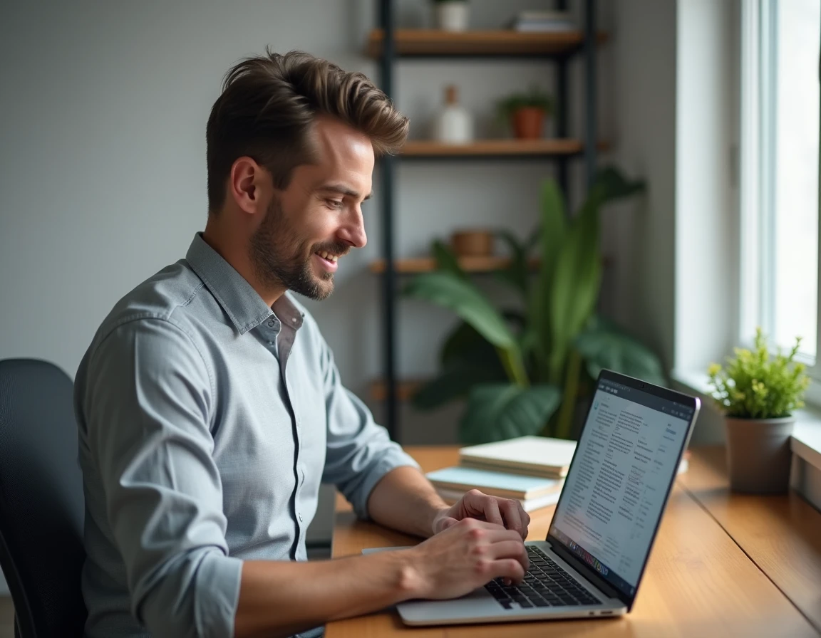 Homme consultant un résumé d'actualité sur son ordinateur portable dans un bureau moderne à domicile