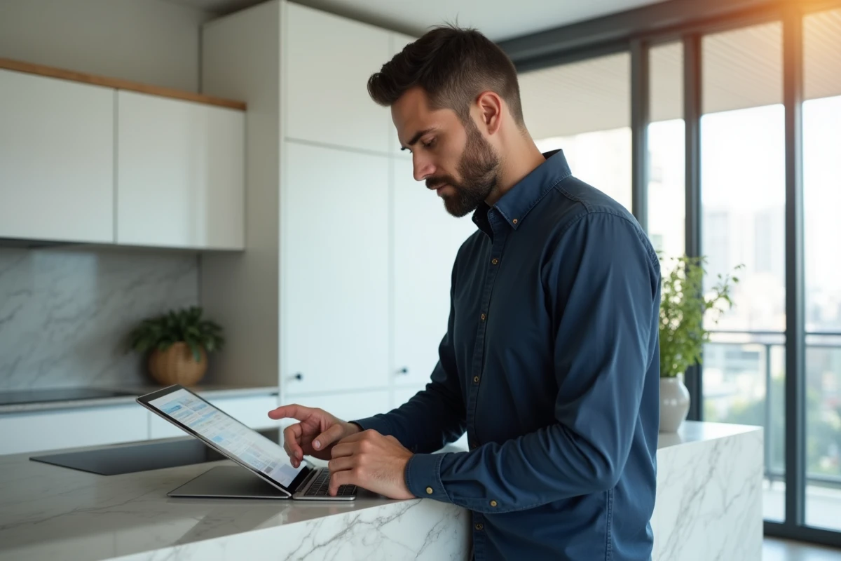 Homme consultant un portail immobilier sur une tablette dans une cuisine moderne