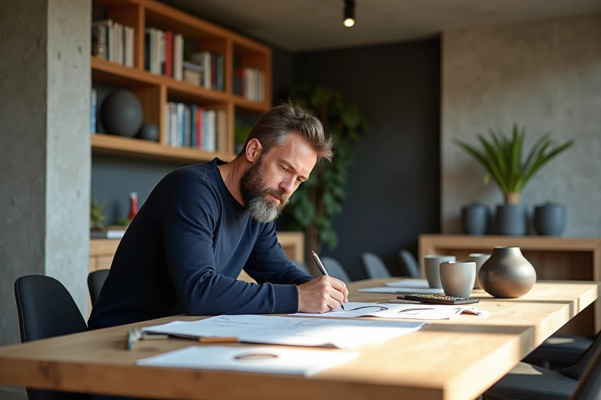 Homme en intérieur design esquissant des idées de décoration