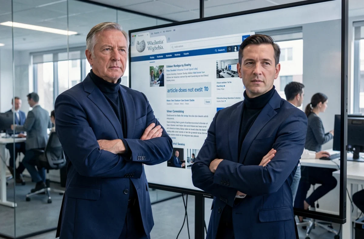 Homme en costume devant un écran affichant une page Wikipedia inexistante dans un bureau moderne et technologique