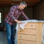 Homme en plaid couvre un meuble dans un garage