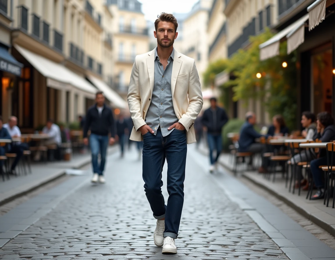 Homme tendance en blazer lin et jean indigo marchant dans une rue pavée parisienne en automne