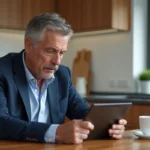 Homme d'âge moyen en costume bleu regardant une tablette