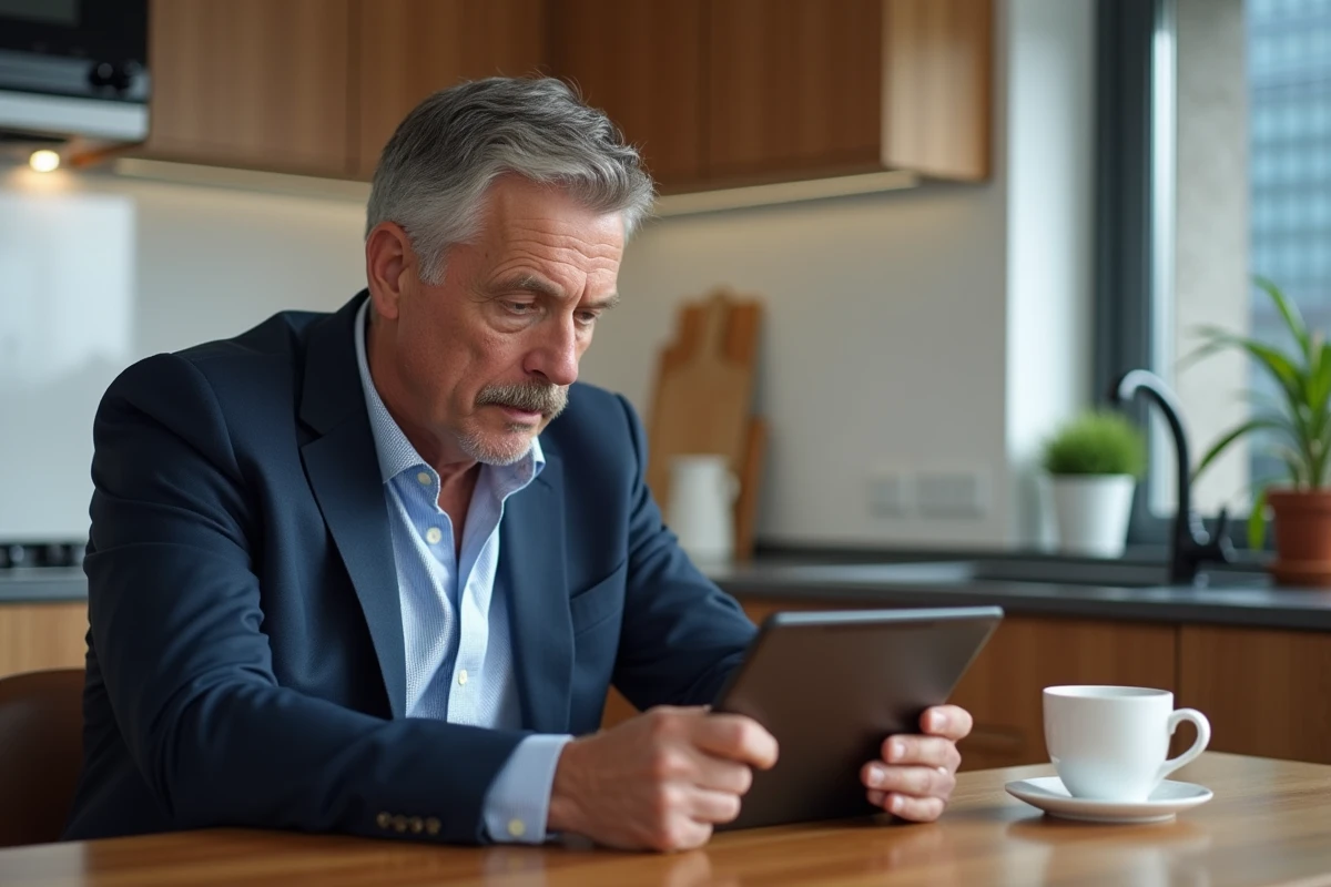 Homme d'âge moyen en costume bleu regardant une tablette