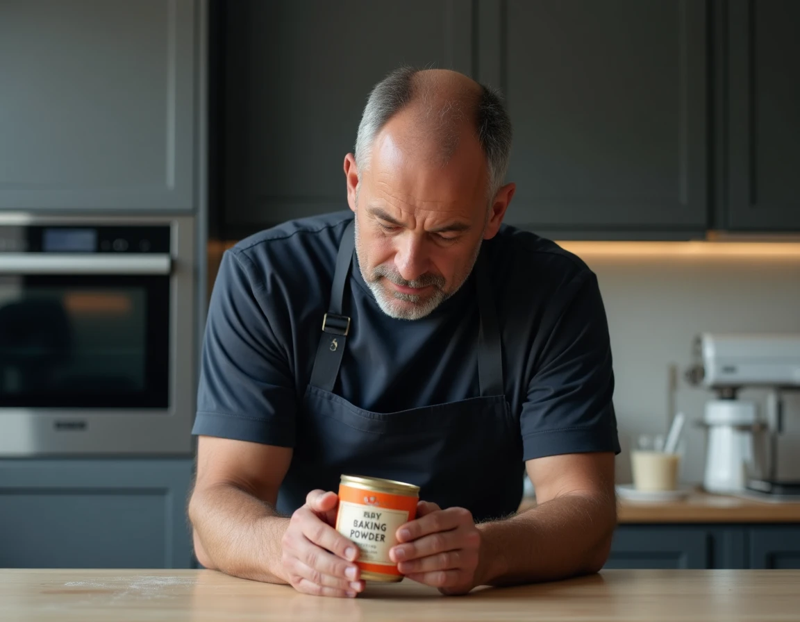 Homme lisant attentivement l'étiquette d'une boîte de levure chimique dans une cuisine moderne pour doser correctement ses gâteaux