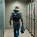 Homme voyageur devant une aire de repos moderne avec douche