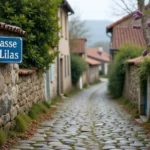 Panneau de rue en émail bleu 'Impasse des Lilas' fixé sur un mur en pierre calcaire dans un village français, avec pavés et maisons à tuiles rouges en arrière-plan