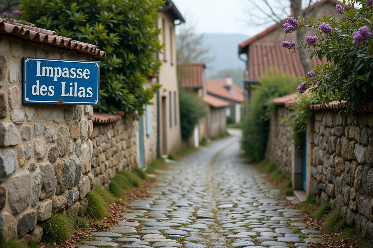 Panneau de rue en émail bleu 'Impasse des Lilas' fixé sur un mur en pierre calcaire dans un village français, avec pavés et maisons à tuiles rouges en arrière-plan