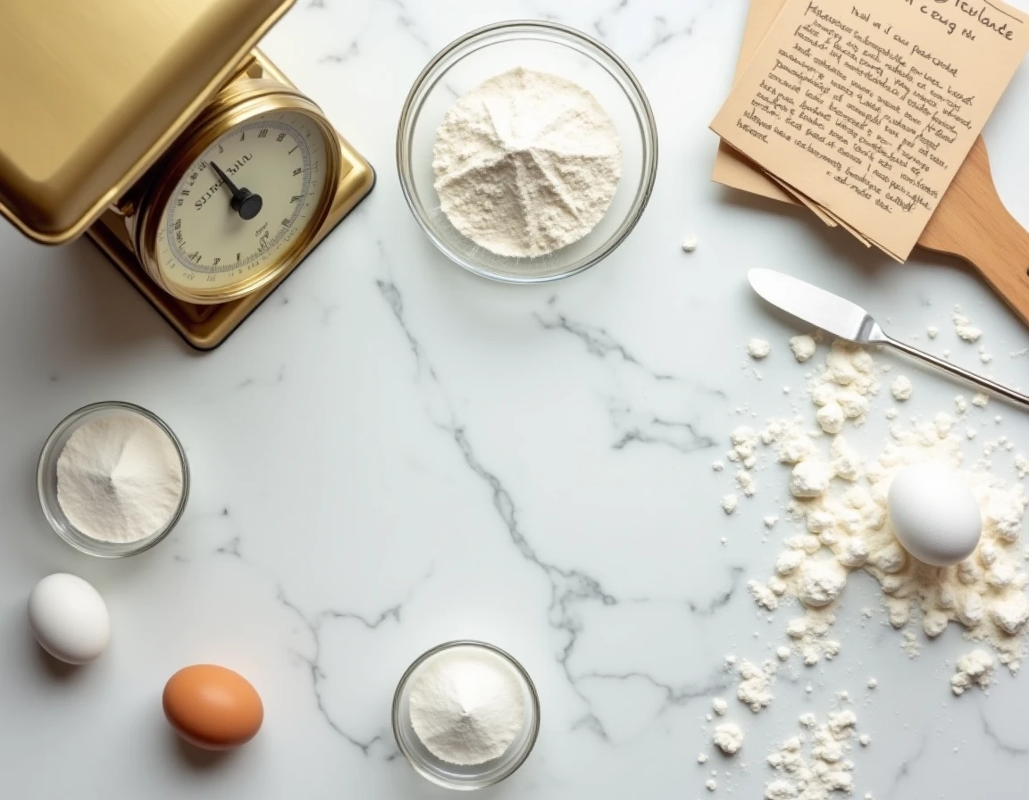 Vue de dessus d'ingrédients de pâtisserie disposés sur un plan de travail en marbre avec une balance vintage et une fiche de recette annotée