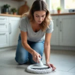 Femme inspectant la buse d'un balai vapeur Lidl d'occasion sur un sol carrelé de cuisine