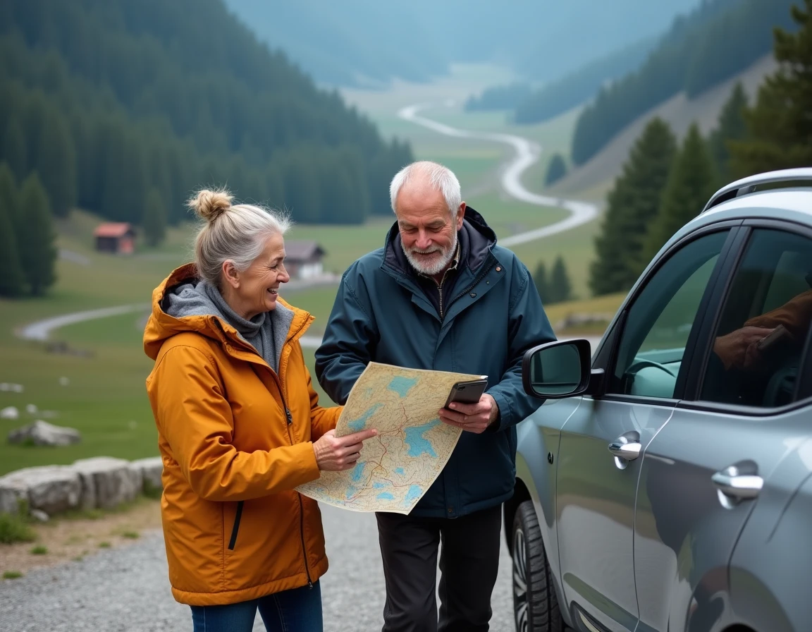 Couple consultant une carte routière et un GPS à un belvédère alpin pour trouver un itinéraire alternatif au Col du Petit Saint-Bernard