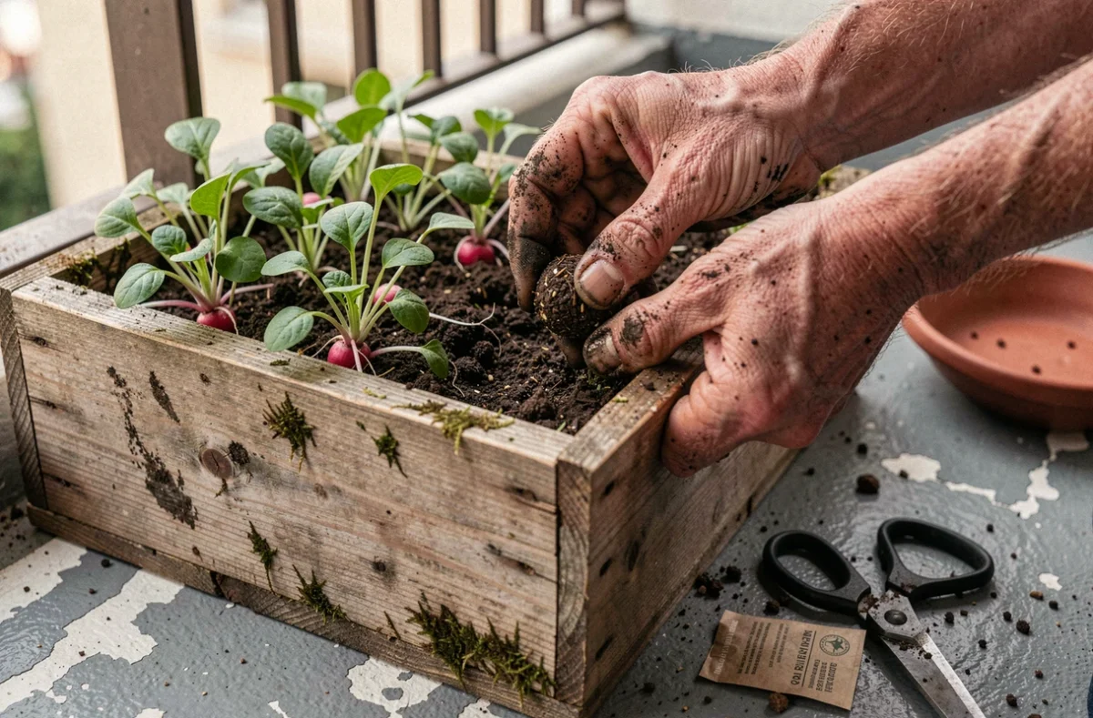 Gros plan sur des mains qui plantent du compost dans une jardinière en bois recyclé avec des pousses de radis et épinards sur un balcon