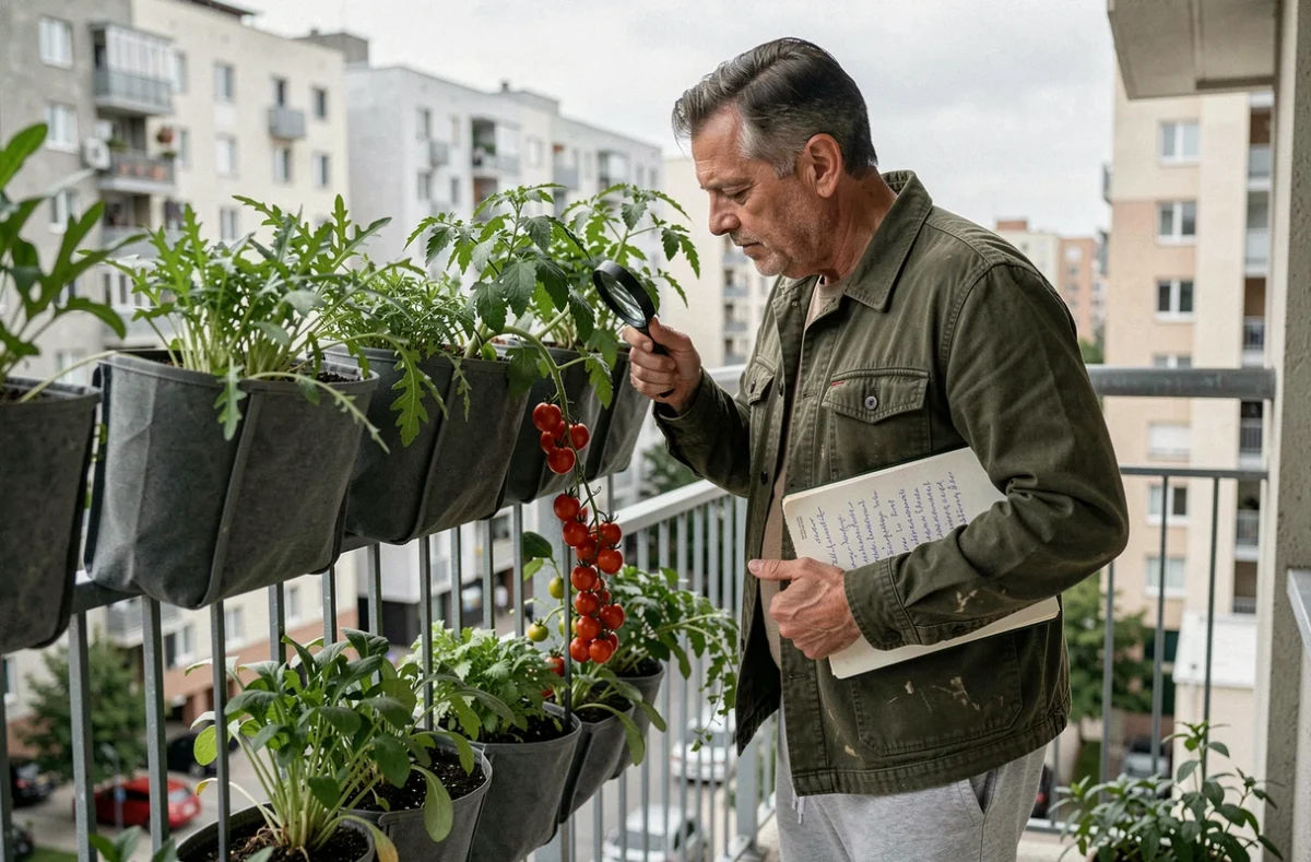 Homme inspectant des plants de tomates cerises cultivés en sacs de culture verticaux sur un balcon d'appartement en ville