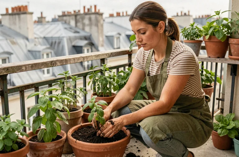Femme qui transplante des plants de basilic dans des pots en terre cuite sur un petit balcon urbain avec vue sur les toits de Paris