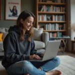 Jeune femme en hoodie regardant son ordinateur portable
