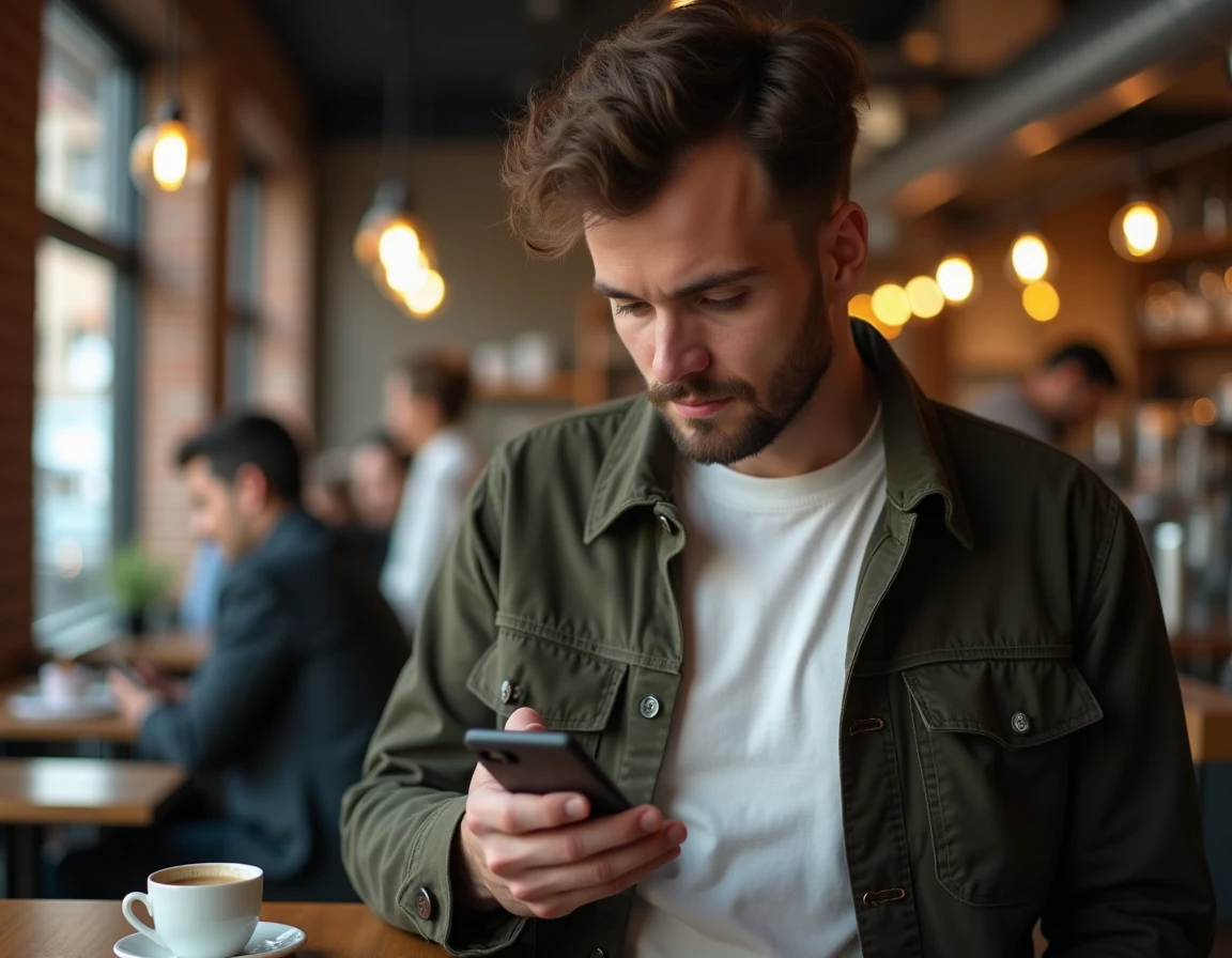 Jeune homme consultant un résumé d'actualité sur son smartphone dans un café urbain animé