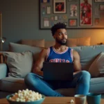 Jeune homme regardant un match NBA sur son ordinateur dans un salon