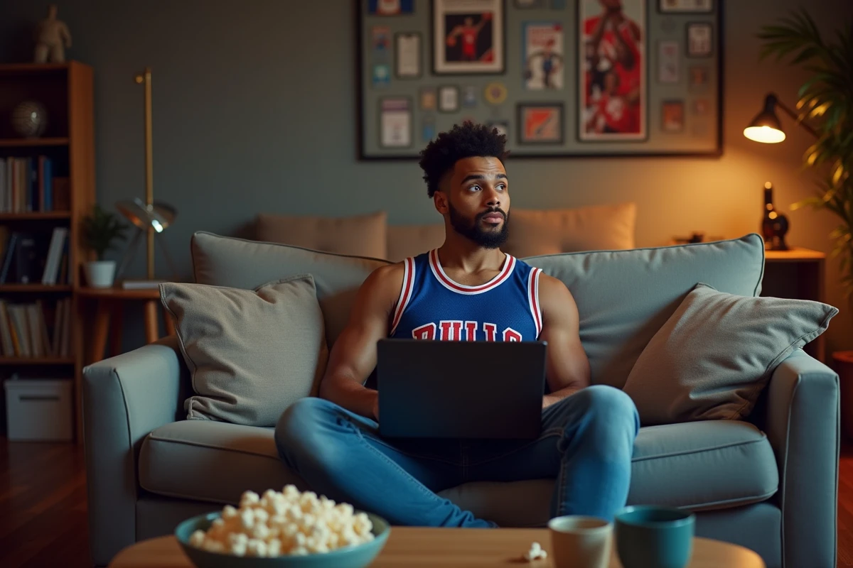 Jeune homme regardant un match NBA sur son ordinateur dans un salon