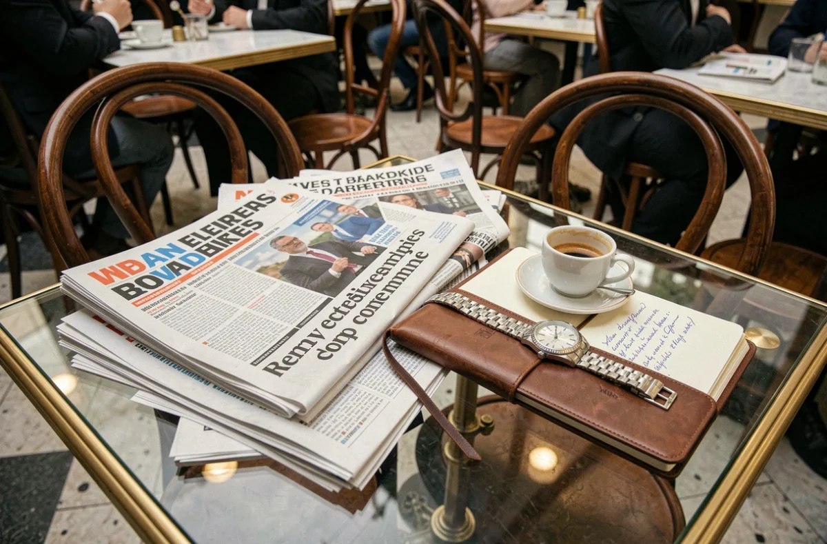 Journaux financiers, montre de luxe et carnet de notes sur une table de café parisien évoquant richesse et influence