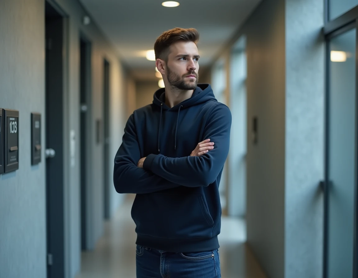 Locataire pensif dans le couloir de son immeuble géré par Foncia