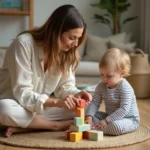 Mère assise par terre avec son tout-petit empilant des cubes en bois colorés dans un salon chaleureux