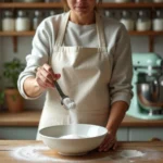 Femme mesurant précisément de la levure chimique avec une cuillère doseuse au-dessus d'un bol en céramique dans une cuisine rustique