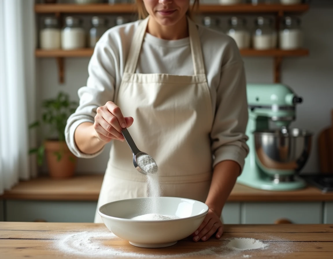 Femme mesurant précisément de la levure chimique avec une cuillère doseuse au-dessus d'un bol en céramique dans une cuisine rustique