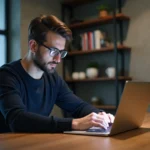 Passionné de technologie travaillant sur un ultrabook dans un bureau moderne minimaliste