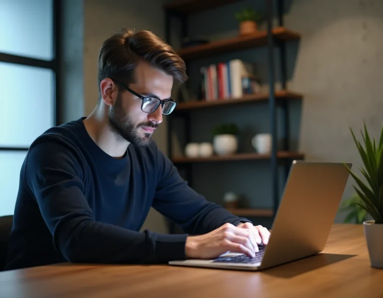 Passionné de technologie travaillant sur un ultrabook dans un bureau moderne minimaliste