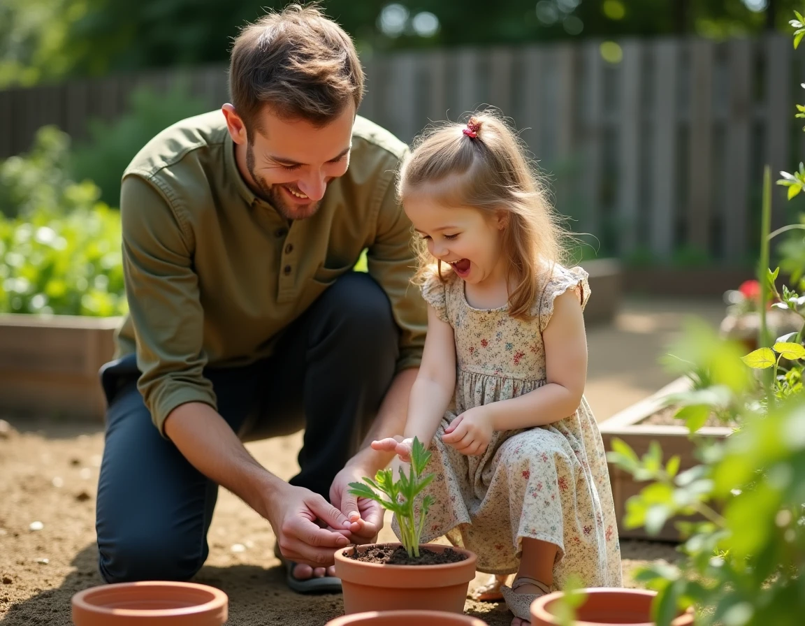 Père et fille explorant des plantes dans un jardin, moment d'apprentissage et d'éveil à la nature