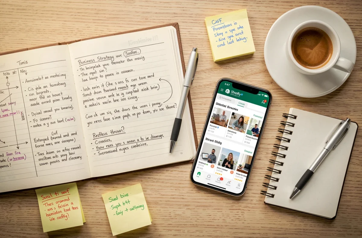 Vue du dessus d'un bureau avec planificateur, smartphone et notes pour la gestion d'un business en ligne rentable